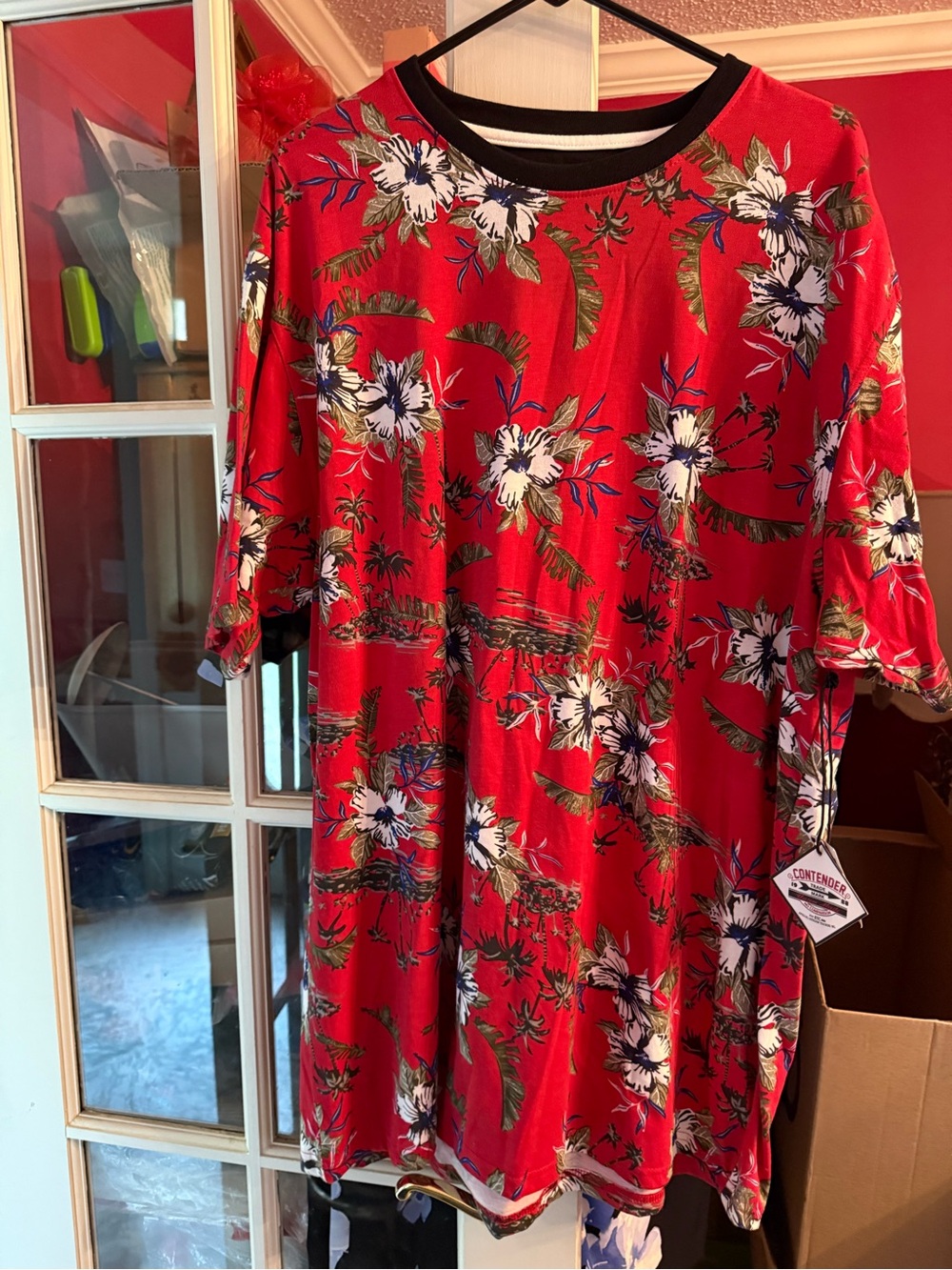 Red Floral Short Mini Dress with Crew Neck